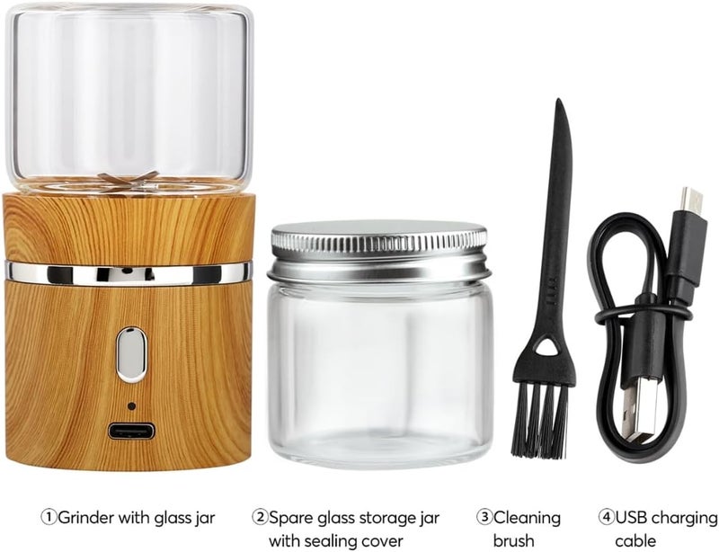 BKLFLY Electric Grinder Spice Crusher Rechargeable Mini Size 2" x 3.5" with 2PCS 1.7oz/50ml Glass Jars (NOT for nuts or beans), Wood Grain Pattern - Image 5